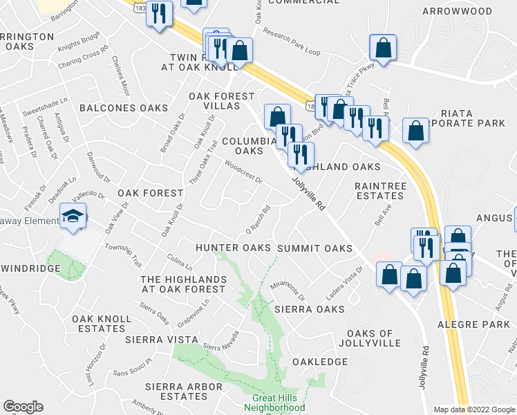 map of restaurants, bars, coffee shops, grocery stores, and more near 11600 Leapwood Place in Austin