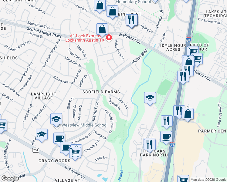 map of restaurants, bars, coffee shops, grocery stores, and more near 1609 Chasewood Drive in Austin