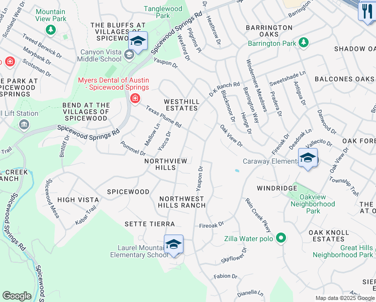 map of restaurants, bars, coffee shops, grocery stores, and more near 7913 Nashfara Cove in Austin