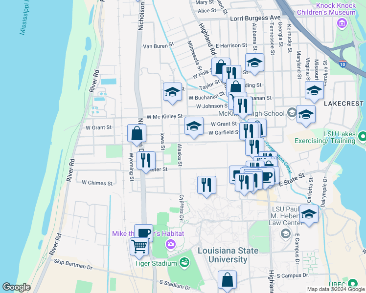 map of restaurants, bars, coffee shops, grocery stores, and more near 2935 Alaska Street in Baton Rouge