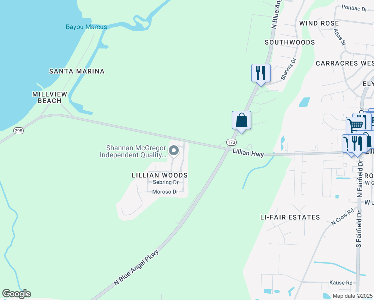 map of restaurants, bars, coffee shops, grocery stores, and more near 1472 Roebling Tr in Pensacola