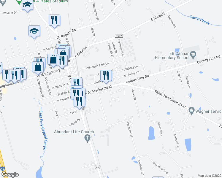 map of restaurants, bars, coffee shops, grocery stores, and more near 402 East Powell Street in Willis