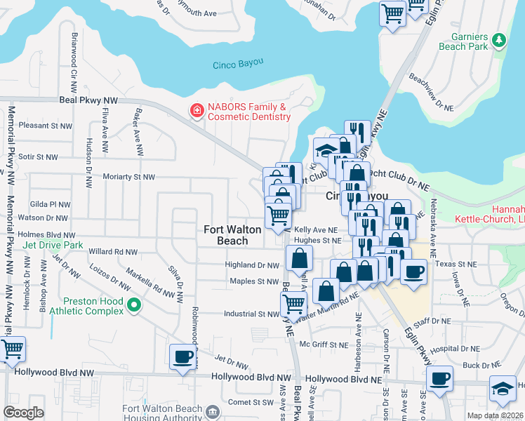 map of restaurants, bars, coffee shops, grocery stores, and more near 125 Alabama Avenue Northwest in Fort Walton Beach