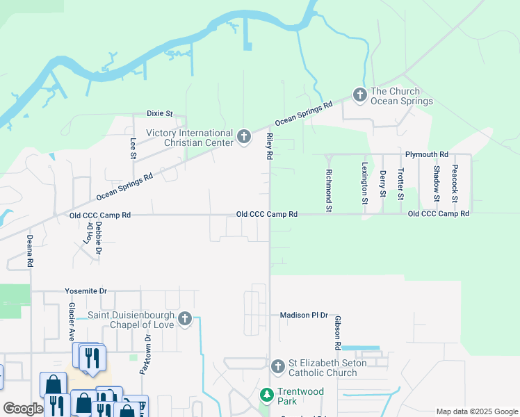map of restaurants, bars, coffee shops, grocery stores, and more near 5500 Riley Rd in Ocean Springs