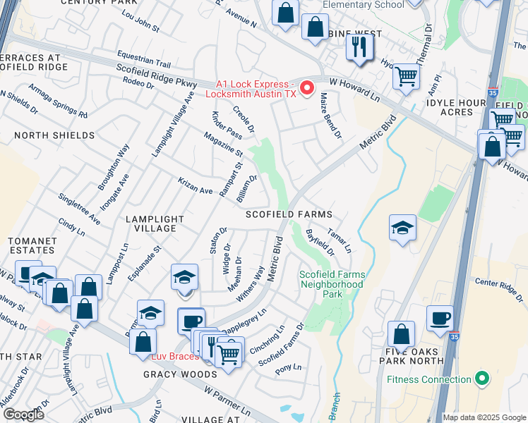 map of restaurants, bars, coffee shops, grocery stores, and more near 1703 Krizan Avenue in Austin