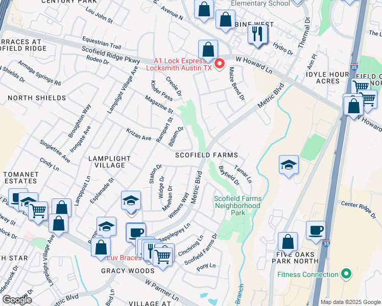 map of restaurants, bars, coffee shops, grocery stores, and more near 1703 Krizan Avenue in Austin