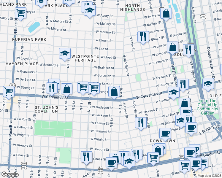 map of restaurants, bars, coffee shops, grocery stores, and more near 900 North B Street in Pensacola