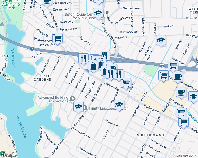 map of restaurants, bars, coffee shops, grocery stores, and more near 14418 Peairs Road in Baton Rouge