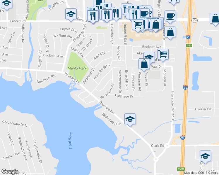 map of restaurants, bars, coffee shops, grocery stores, and more near 10224 Haverford Road in Jacksonville