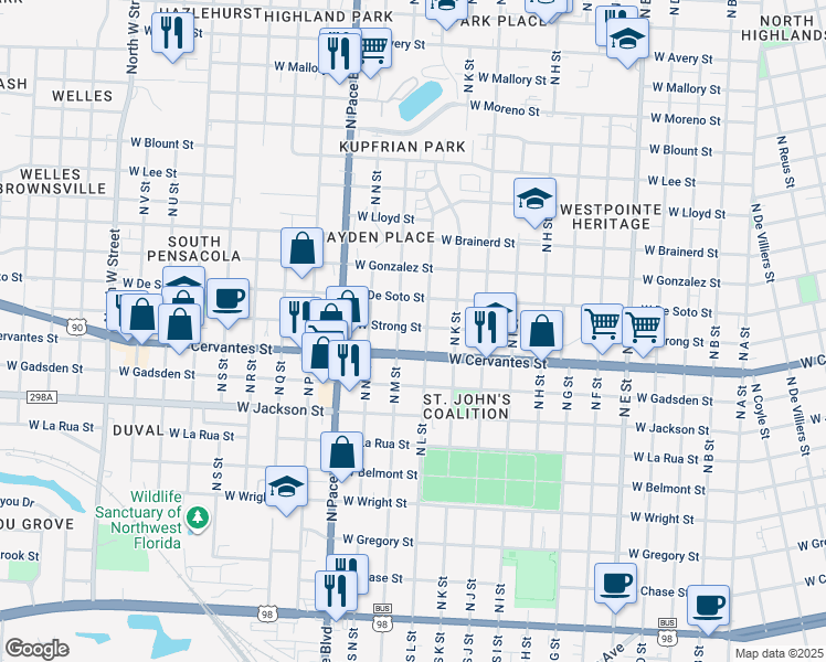 map of restaurants, bars, coffee shops, grocery stores, and more near 1810 West Cervantes Street in Pensacola