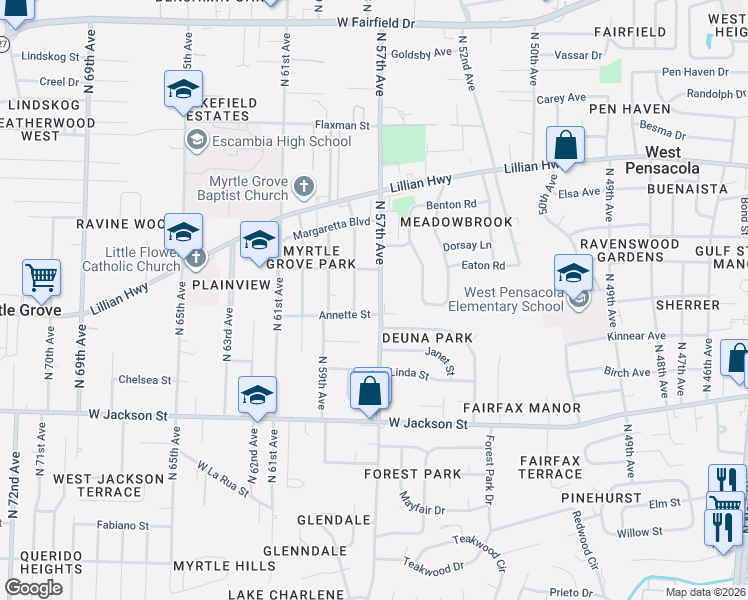 map of restaurants, bars, coffee shops, grocery stores, and more near 910 North 58th Avenue in Pensacola