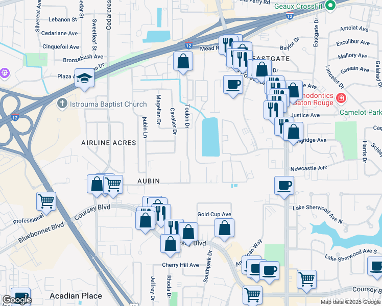 map of restaurants, bars, coffee shops, grocery stores, and more near 11070 Mead Road in Baton Rouge