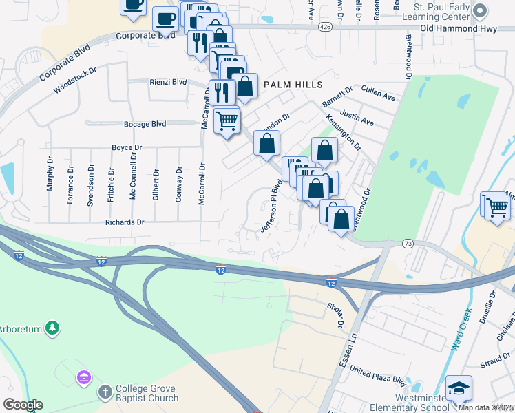 map of restaurants, bars, coffee shops, grocery stores, and more near 7543 North Jefferson Place Circle in Baton Rouge