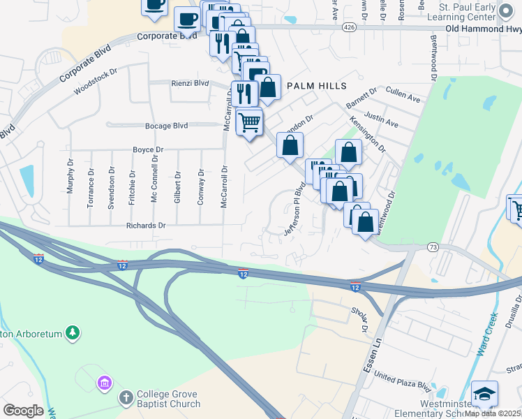 map of restaurants, bars, coffee shops, grocery stores, and more near 7543 North Jefferson Place Circle in Baton Rouge