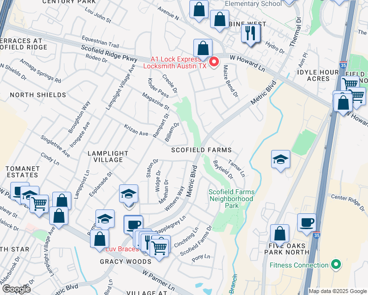 map of restaurants, bars, coffee shops, grocery stores, and more near 1703 Krizan Avenue in Austin