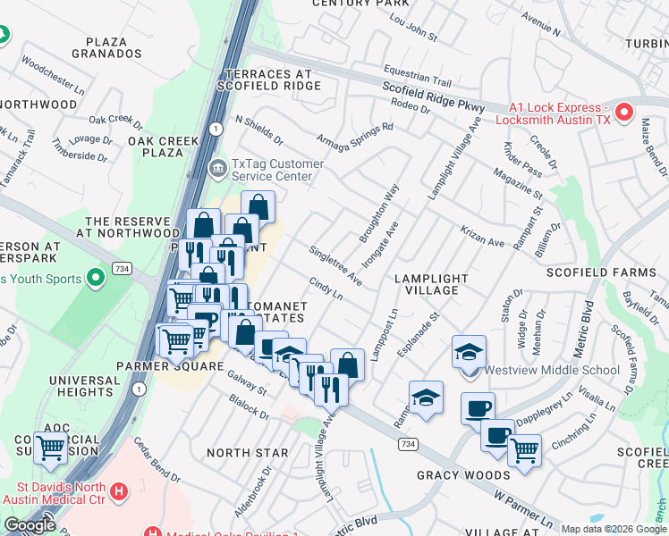 map of restaurants, bars, coffee shops, grocery stores, and more near 2213 Singletree Avenue in Austin