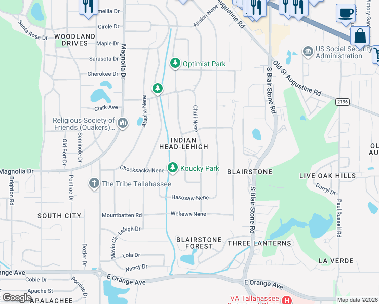 map of restaurants, bars, coffee shops, grocery stores, and more near 2007 East Indianhead Drive in Tallahassee