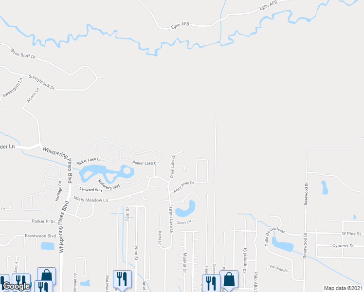 map of restaurants, bars, coffee shops, grocery stores, and more near 2349 Orion Lake Drive in Navarre