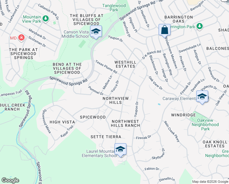 map of restaurants, bars, coffee shops, grocery stores, and more near 10711 Yucca Drive in Austin