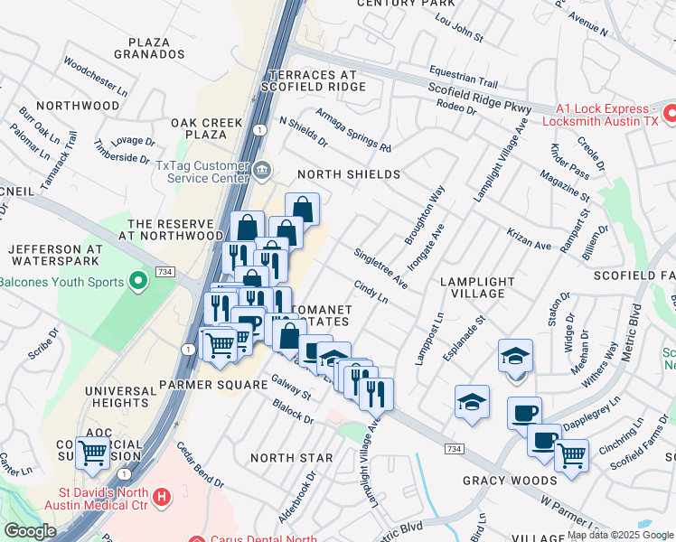 map of restaurants, bars, coffee shops, grocery stores, and more near 2309 Cindy Lane in Austin