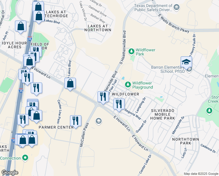 map of restaurants, bars, coffee shops, grocery stores, and more near 303 Wild Senna Drive West in Pflugerville