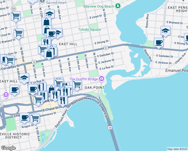 map of restaurants, bars, coffee shops, grocery stores, and more near 1600 East Belmont Street in Pensacola