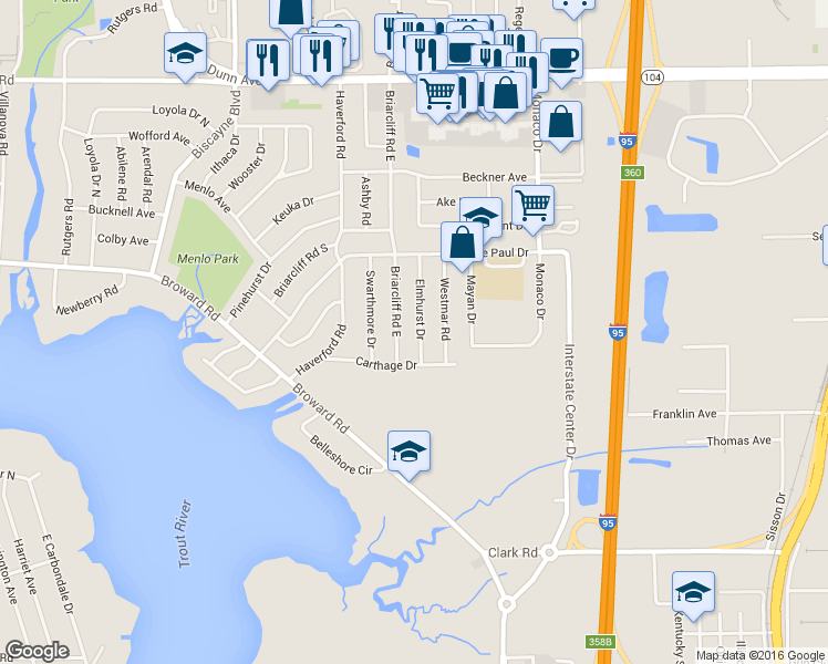 map of restaurants, bars, coffee shops, grocery stores, and more near 10234 Elmhurst Drive in Jacksonville