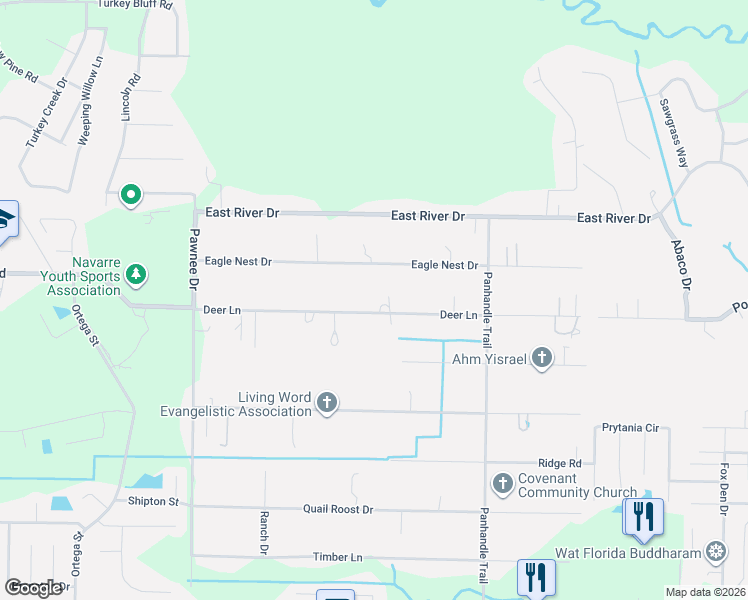 map of restaurants, bars, coffee shops, grocery stores, and more near 9078 Deer Lane in Navarre