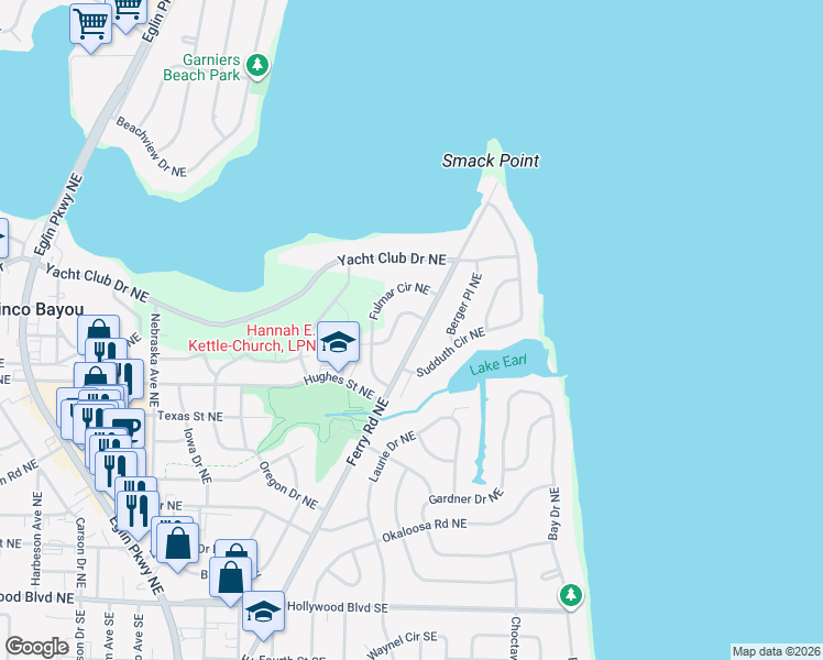 map of restaurants, bars, coffee shops, grocery stores, and more near 310 Meggs Drive Northeast in Fort Walton Beach