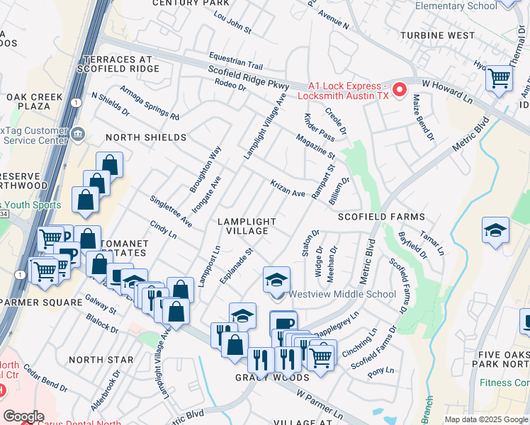 map of restaurants, bars, coffee shops, grocery stores, and more near 12911 Powderhorn Street in Austin