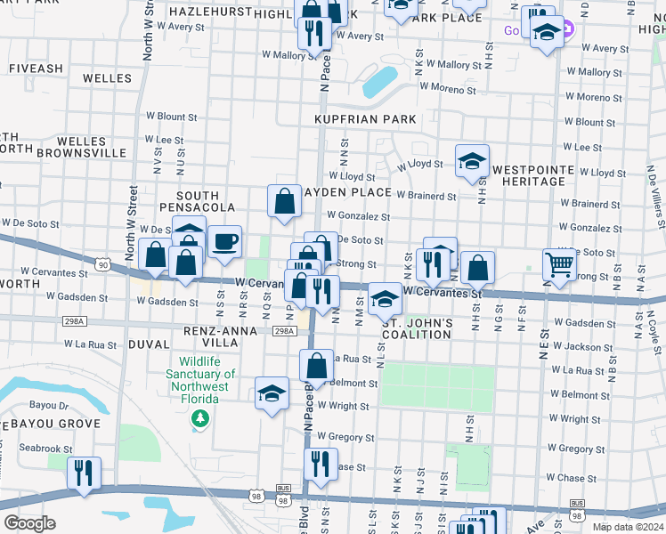 map of restaurants, bars, coffee shops, grocery stores, and more near 819 North N Street in Pensacola
