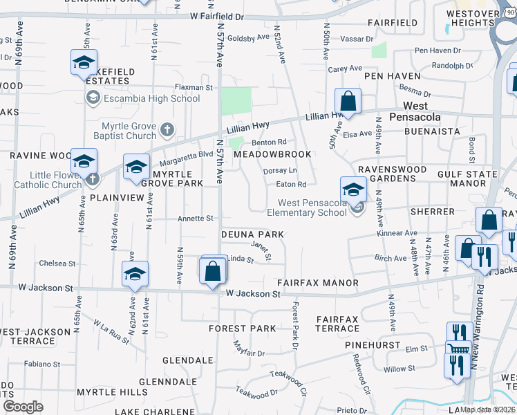 map of restaurants, bars, coffee shops, grocery stores, and more near 34 Adkinson Drive in Pensacola