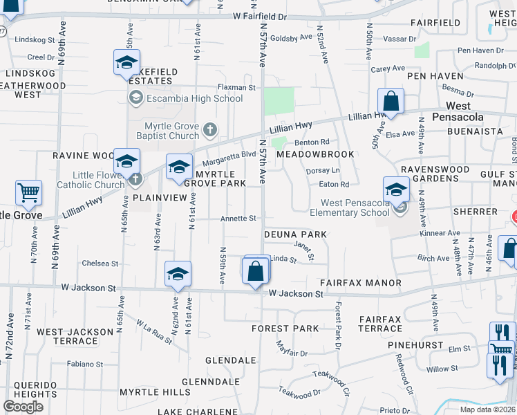 map of restaurants, bars, coffee shops, grocery stores, and more near 910 North 58th Avenue in Pensacola