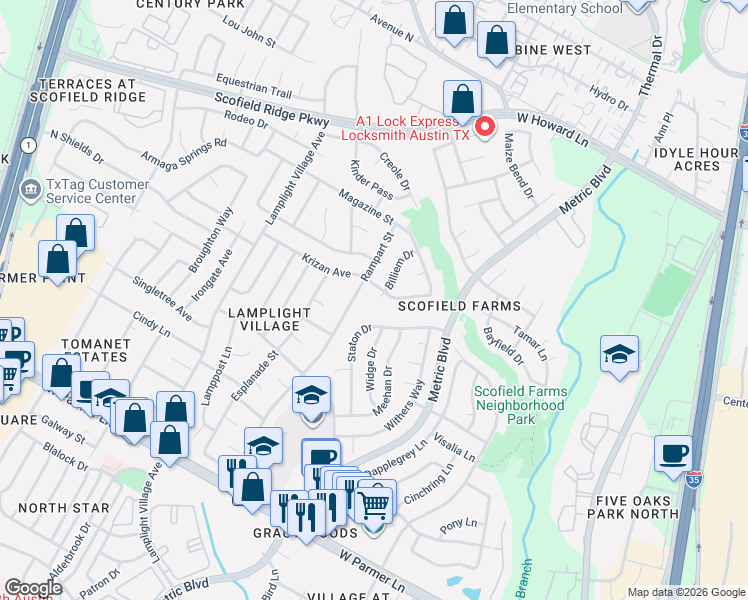 map of restaurants, bars, coffee shops, grocery stores, and more near 13011 Rampart Street in Austin