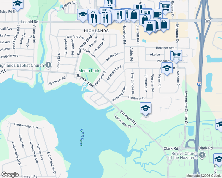 map of restaurants, bars, coffee shops, grocery stores, and more near 10341 De Paul Drive in Jacksonville