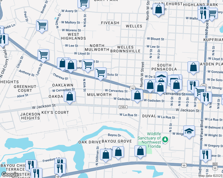 map of restaurants, bars, coffee shops, grocery stores, and more near 3220 West Cervantes Street in Pensacola