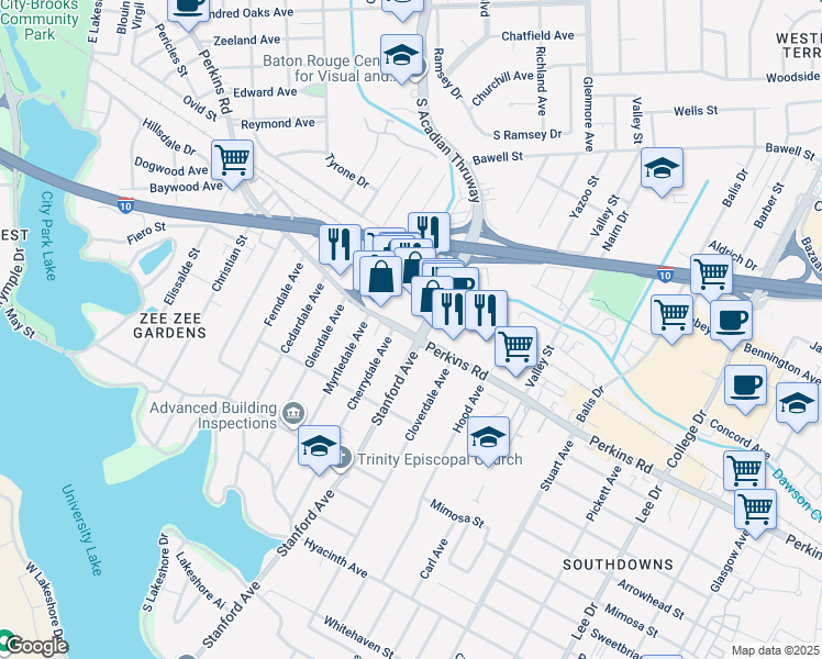 map of restaurants, bars, coffee shops, grocery stores, and more near 14418 Peairs Road in Baton Rouge