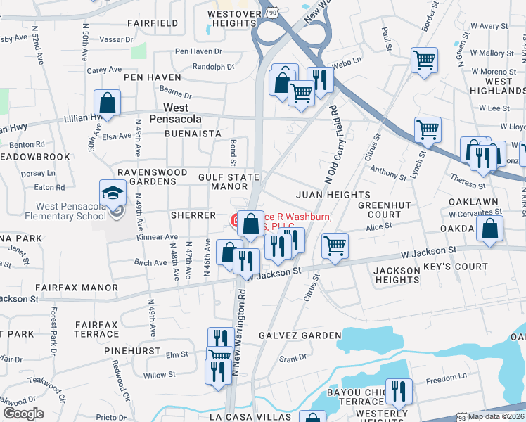 map of restaurants, bars, coffee shops, grocery stores, and more near 714 North New Warrington Road in Pensacola