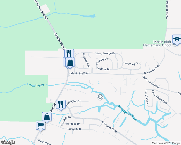 map of restaurants, bars, coffee shops, grocery stores, and more near 2200 Martin Bluff Road in Gautier
