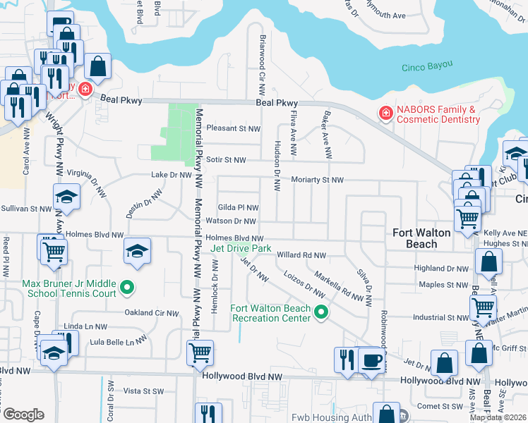 map of restaurants, bars, coffee shops, grocery stores, and more near 107 Gregory Avenue in Fort Walton Beach