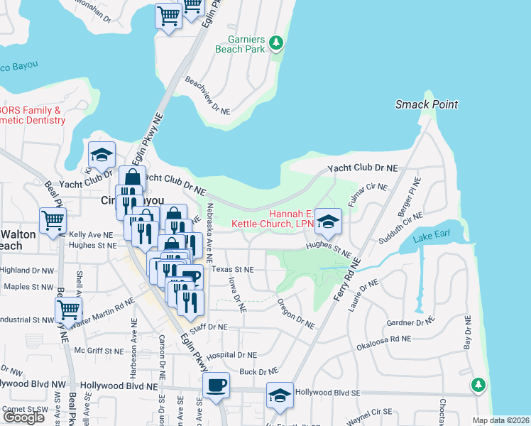 map of restaurants, bars, coffee shops, grocery stores, and more near 119 Oregon Drive Northeast in Fort Walton Beach