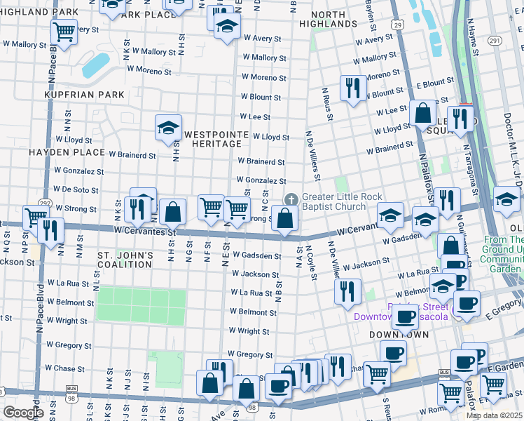 map of restaurants, bars, coffee shops, grocery stores, and more near 905 North C Street in Pensacola