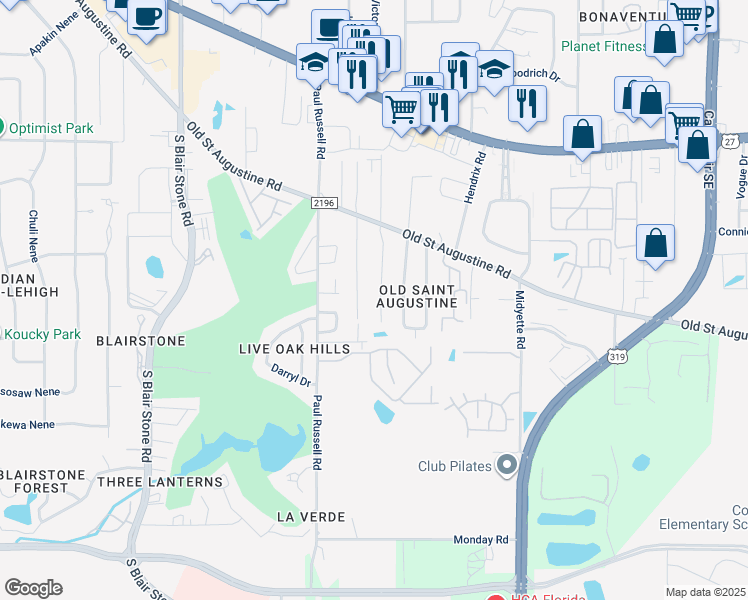 map of restaurants, bars, coffee shops, grocery stores, and more near 1564 China Grove Trail in Tallahassee