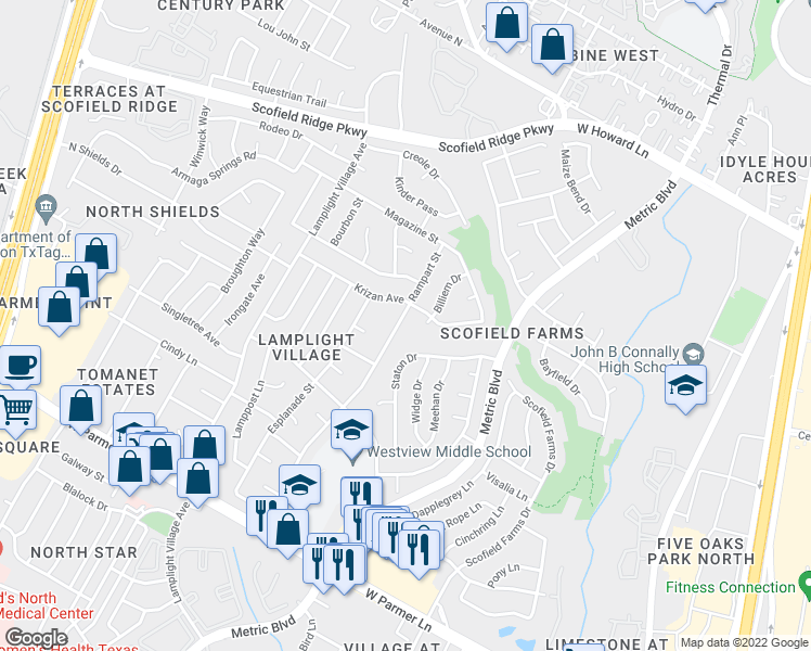 map of restaurants, bars, coffee shops, grocery stores, and more near 13011 Rampart St in Austin