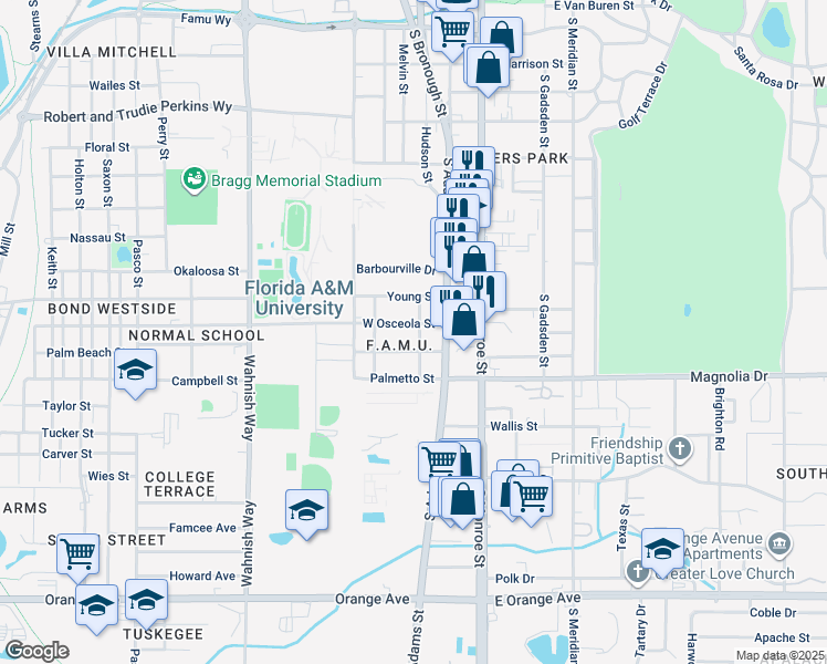 map of restaurants, bars, coffee shops, grocery stores, and more near 201 West Osceola Street in Tallahassee