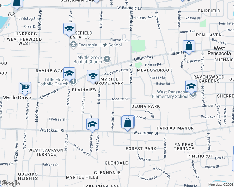 map of restaurants, bars, coffee shops, grocery stores, and more near 916 North 59th Avenue in Pensacola