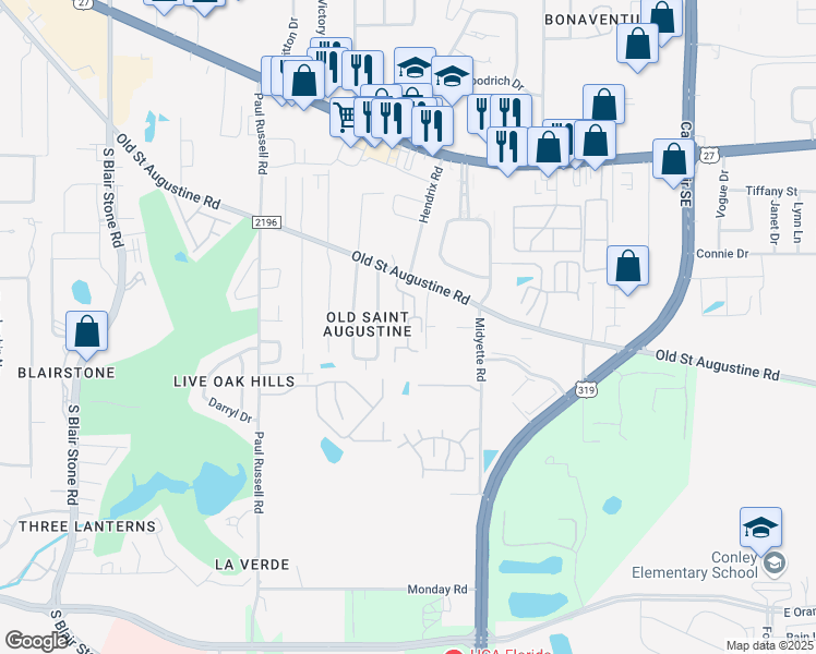 map of restaurants, bars, coffee shops, grocery stores, and more near 1551 Pine View Drive in Tallahassee