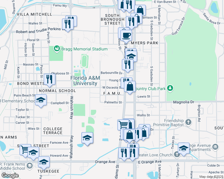 map of restaurants, bars, coffee shops, grocery stores, and more near 201 West Osceola Street in Tallahassee