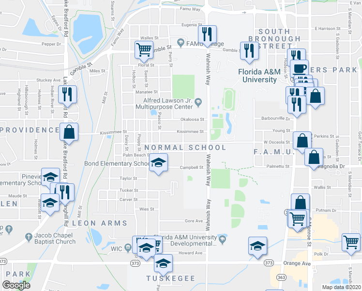 map of restaurants, bars, coffee shops, grocery stores, and more near 609 Osceola Street in Tallahassee