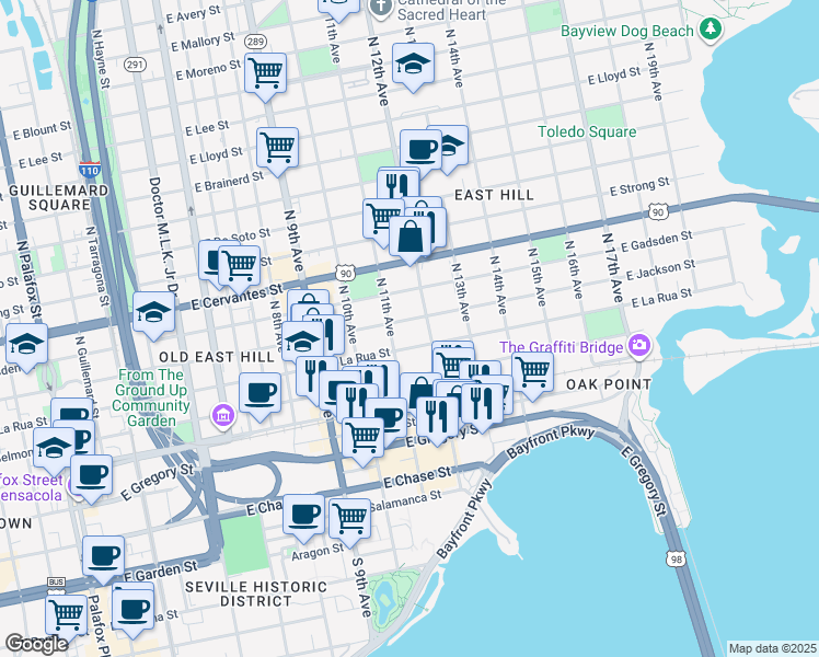 map of restaurants, bars, coffee shops, grocery stores, and more near 509 North 12th Avenue in Pensacola